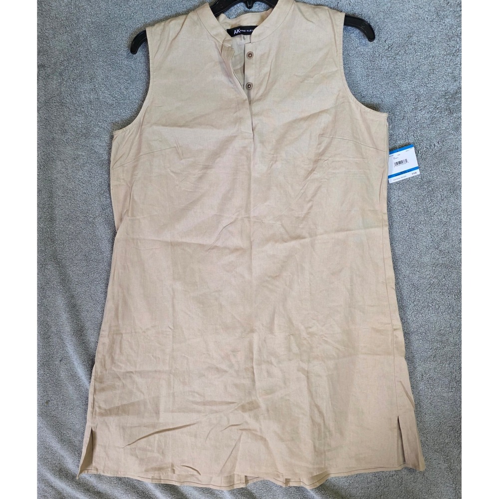 Anne Klein Khaki Tan Linen Blend Sleeveless Tunic Top Mandarin Collar Womens‎ XL